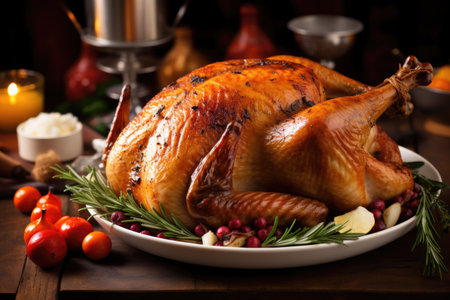 a roasted turkey on a plate with oranges and other thanksgiving foods. generative ai.の素材