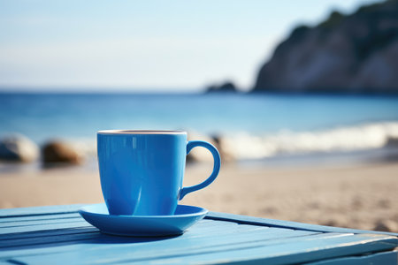 a blue coffee mug with beach sand background . blue Monday concept AI Generative.の素材