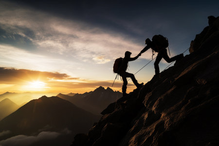 Help and assistance concept. Silhouettes of two people climbing on mountain and helping. Generative AI.の素材