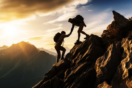Help and assistance concept. Silhouettes of two people climbing on mountain and helping. Generative AI.の素材