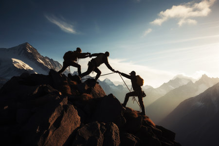 Help and assistance concept. Silhouettes of two people climbing on mountain and helping. Generative AI.の素材