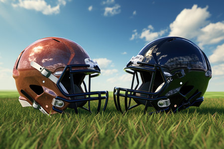 American football helmet on the grass. Generative AI.の素材