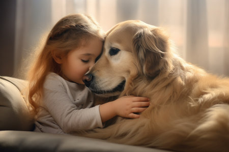 child hugging a friendly dog pet, showing affection .generative ai.の素材