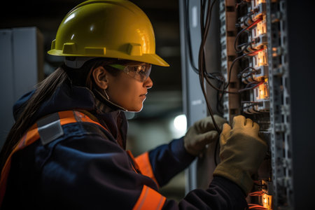 a A engineer electrician works in a switchboard with an electrical connecting cable. ai generative.の素材