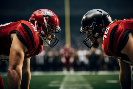 American football players stand on pitch .generative AI.の素材