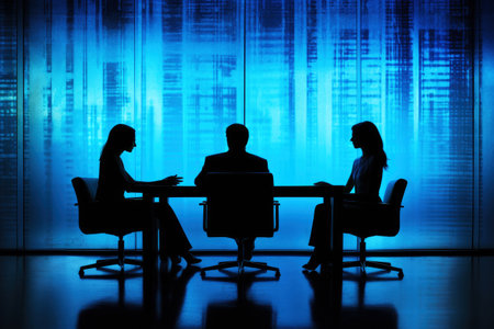 Silhouettes of people in a meeting room with a colorful window behind them Generative AI..の素材