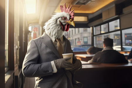 a chicken in a business suit on a business office background, ai generative.の素材