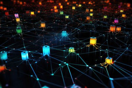 Futuristic Background of Artificial Intelligence Neural Networks. Black Background. Generative AI..の素材