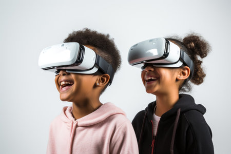 child wearing Virtual Reality helmet, VR headset, on white background .generative ai.の素材