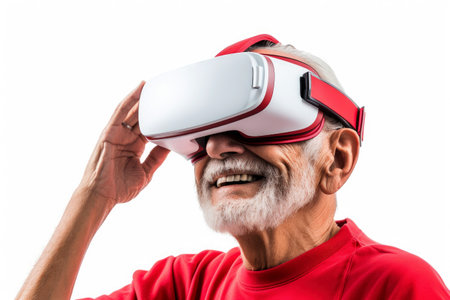 elderly person wearing Virtual Reality helmet, VR headset on white background . generative ai.の素材