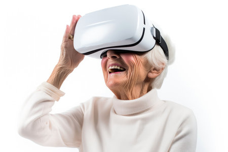 elderly person wearing Virtual Reality helmet, VR headset on white background . generative ai.の素材