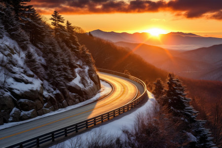 winter road trip. Highway in beautiful winter and fir trees landscape created with Generative AI technology.の素材