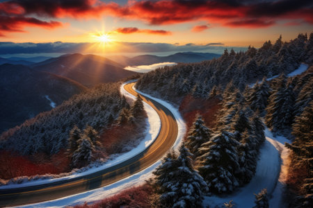 winter road trip. Highway in beautiful winter and fir trees landscape created with Generative AI technology.の素材