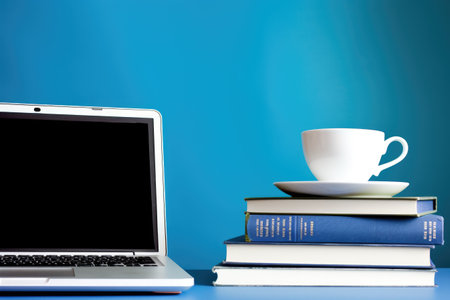 blue coffee in office background. Blue Monday concept and copy space. generative ai.の素材