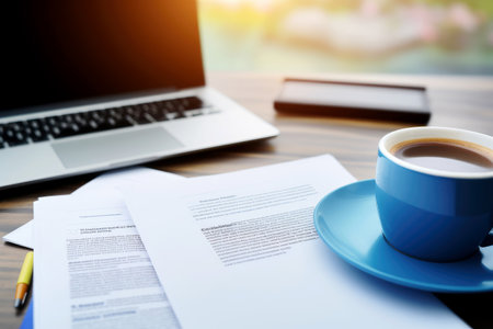blue coffee in office background. Blue Monday concept and copy space. generative ai.の素材
