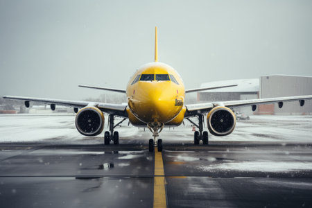 Flight landing during difficult weather, snow rain during a flight, security concept. AI generative.の素材