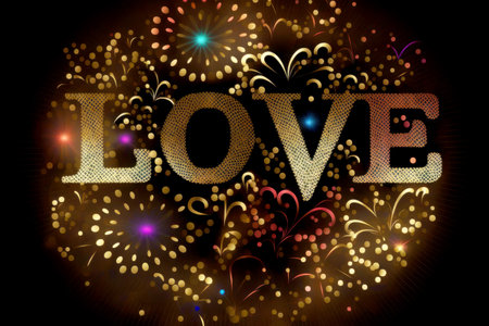 The word love on sky made of many fireworks, generative ai.の素材