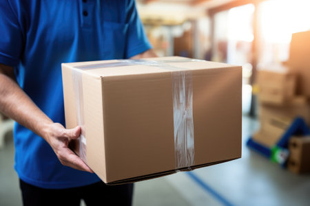 A parcel cardboard box in a delivery man hands . Delivery service concept. Generative AI.の素材