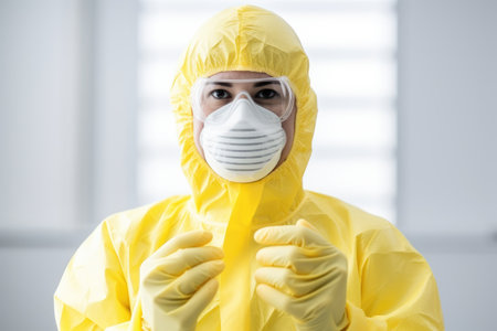 A person in a yellow hazmat suit and gas mask in white background .generative ai.の素材
