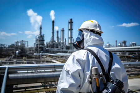 A person in a yellow hazmat suit and gas mask in chemical plant .background. generative ai.の素材