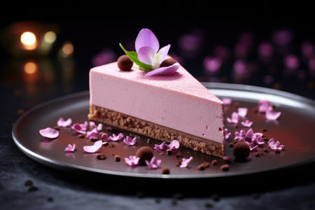 pink mousse cake on dark background. Generative AI.の素材