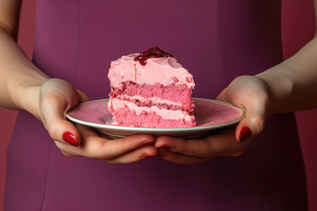 woman hold pink mousse cake . Generative AI.の素材