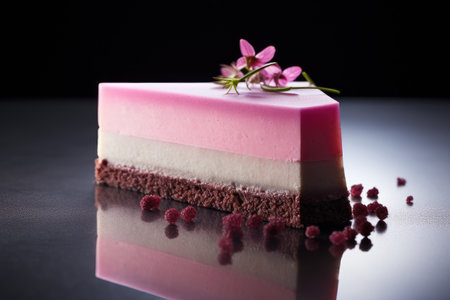 pink mousse cake on dark background. Generative AI.の素材