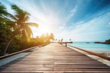 wooden bridge over the beach. Vacation and Holiday concept. generative ai.の素材