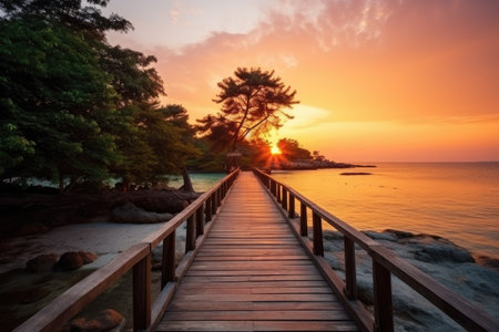 wooden bridge over the beach. Vacation and Holiday concept. generative ai.の素材