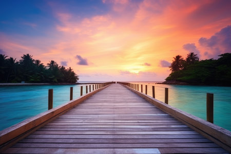 wooden bridge over the beach. Vacation and Holiday concept. generative ai.の素材