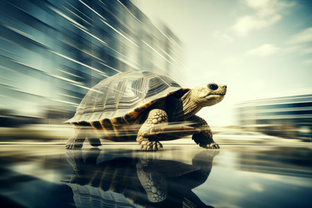 A Turtle dashes at full speed a city street, generative AI.の素材