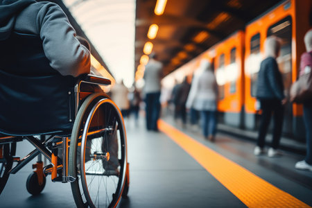 closeup of disabled person riding in wheelchair at train station . disability insurance. generative AI.の素材