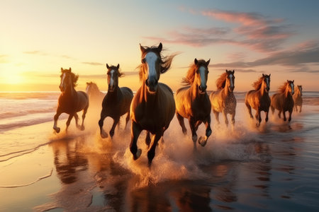 horses running on beach through sea water at sunset. generative AI.の素材