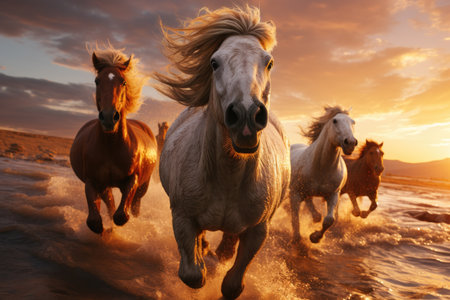 horses running on beach through sea water at sunset. generative AI.の素材
