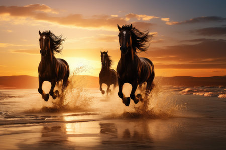 horses running on beach through sea water at sunset. generative AI.の素材
