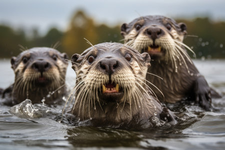 otters playfully swimming in the water and looking at the camera, generative AI.の素材