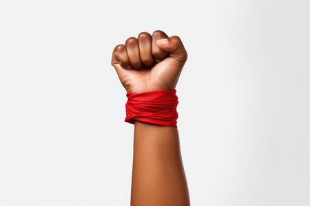 Woman raises color ribbon hand high, feminist protest for equal rights. Generative AI..の素材