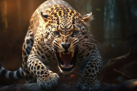 Close up of a roaring leopard isolated of transparent background. generative ai.の素材