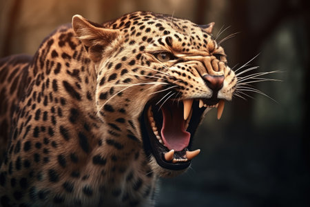 Close up of a roaring leopard isolated of transparent background. generative ai.の素材