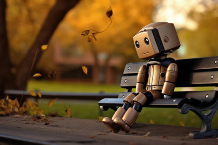 lonely sad robot sitting on bench in park against background of nature, created with generative a.の素材