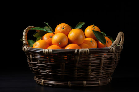 Oranges in a basket in black background . Generated Ai.の素材