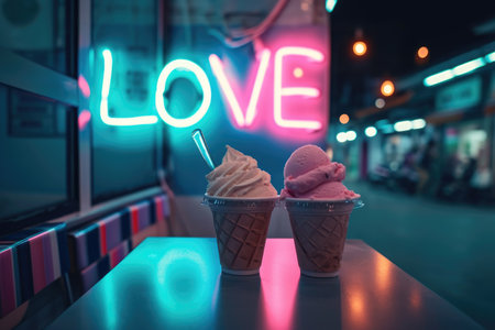 ice cream cafe display love background in neon light. valentine's day card, AI generative.の素材