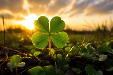 happy saint Patrick's day leaf shamrock clover close up with evening sunset in background. AI genrative.の素材