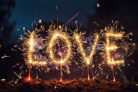 happy valentine day with "LOVE" popping colorful fireworks in the dark sky .AI generative.の素材