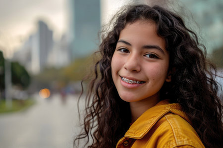 Teen-aged woman with braces smiling mouth . Generative AI..の素材