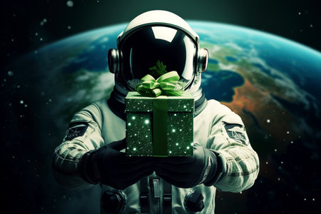 An astronaut holding a Saint Patrick's Day gift box on the moon, . Generative AI..の素材