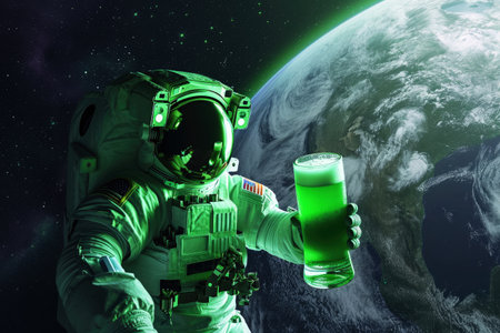 An astronaut drinks some green beer on the planet. saint Patrick's day concept. Generative AI..の素材