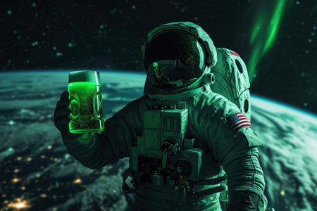 An astronaut drinks some green beer on the planet. saint Patrick's day concept. Generative AI..の素材