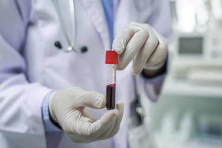 Doctor holding blood tube test in the research laboratory. health for check up . Generative ai.の素材