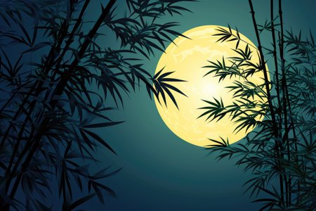 exposure of bamboo forest and full moon in the night sky. Generative AI.の素材
